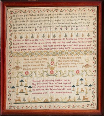 Lot 2234 - A Late 18th Century Sampler Worked by Hannah Standering, at Mrs Morris's School, Thorne, 1790,...