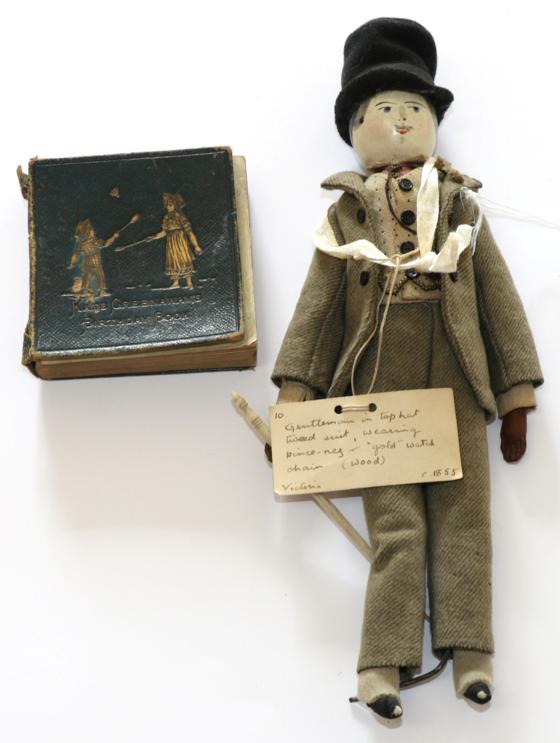 Lot 2007 - Mid 19th Century Wooden Doll, fully dressed in wool suit, waistcoat with watch chain, shirt,...
