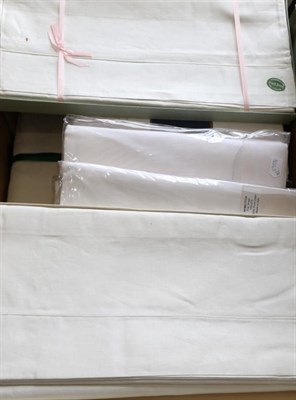 Lot 2013 - Assorted White Linen, including two damask cloths, two linen sheets (without outer packaging),...