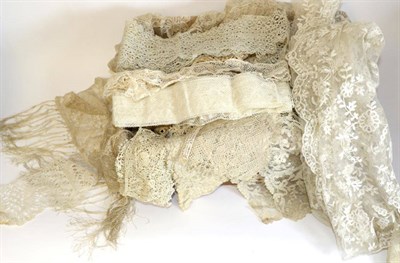 Lot 2049 - Assorted 19th Century and Later Mixed Laces, including a floral embroidered flounce, shawl with...