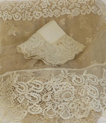 Lot 2050 - Assorted 19th Century and Later Honiton Lace, including a veil with a flower head trim, 190cm...