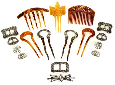 Lot 2053 - Assorted Hair Accessories and Shoe Buckles, including three carved hair combs, two pairs of...