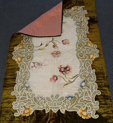 Lot 2062 - A Late Victorian Floral Embroidered Panel, with a cream silk centre, embroidered with coloured silk