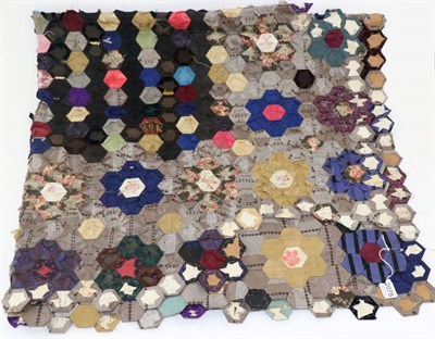 Lot 2075 - Victorian Hexagonal Patchwork, incorporating silks and velvets, unfinished, some of the...