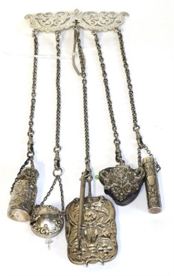 Lot 2092 - Late 19th Century Silver Chatelaine with pierced double scrolling mount, hung on chains with...