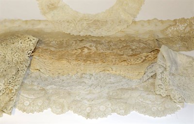 Lot 2102 - Assorted Lace, including 18th century lappet, 19th century Italian cotton lace panel and a pair...