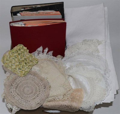 Lot 2108 - Assorted Lace and Textiles, including a crochet short sleeved bolero jacket, lace samples, collars