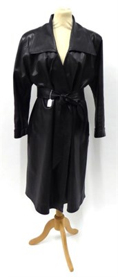 Lot 2109 - Jean Muir Black Leather Coat, with collar and lapels, side pockets, leather tie fastening,...