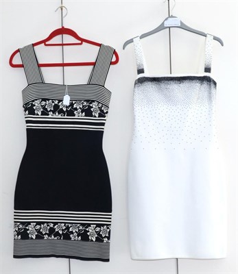 Lot 2115 - A Herve Leger Black and White Panelled Dress, with floral and striped designs, and wide striped...