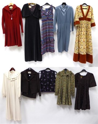 Lot 2118 - Assorted Circa 1970s Costume, including a Jean Varon red wool crepe long sleeve dress, retailed...