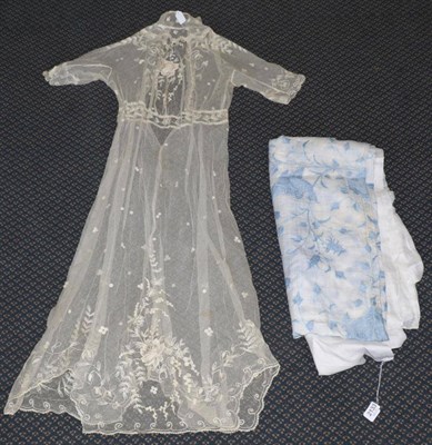 Lot 2133 - Early 20th Century Cream Embroidered Net Dress, with high neck, short sleeves, floral...