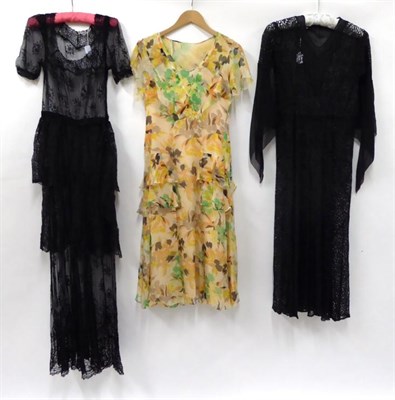 Lot 2137 - Circa 1930s Black Lace and Chiffon Long Sleeved Dress, with floaty chiffon sleeves, full...