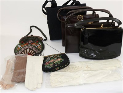 Lot 2140 - Assorted Costume Accessories, including a black patent Waldybag, two similar style bags in...