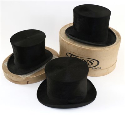 Lot 2152 - Three Black Silk Top Hats including Pro Patria, Tress & Co and the Vadum, all with card hat boxes