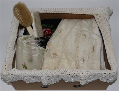 Lot 2185 - Assorted Items, including white linen table cloths with crochet trims, embroidered linen hand...