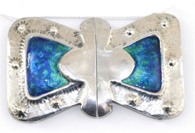 Lot 2219 - A Liberty & Co Silver and Enamel Buckle, in the form of a bow, with hammered decoration with a blue