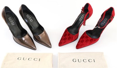 Lot 2242 - Pair of Gucci Red Velvet Monogrammed Evening Shoes, with ankle strap, high heels, (size 37);...