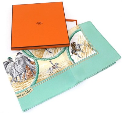 Lot 2247 - Hermes Silk Scarf Auteuil en Mai, within an eau de nil border, 90cm by 90cm, in a Hermes card box