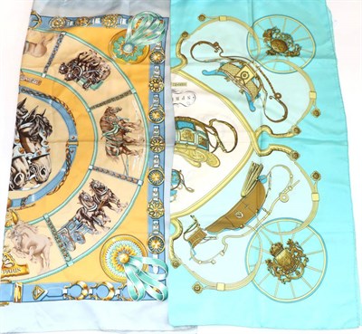 Lot 2253 - Hermes Springs Silk Scarf, in cream and turquoise colour way, 90cm square; Hermes Chevaux De...