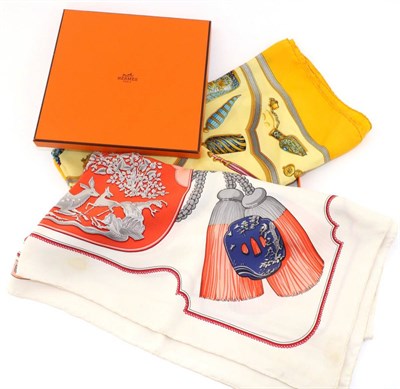 Lot 2258 - Hermes Tsubas Silk Scarf, in red and cream colour way, boxed, 90cm square; Hermes Scent Bottle Silk