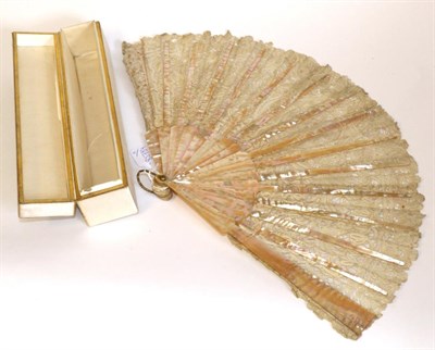 Lot 2278 - Late 19th Century Mother of Pearl Fan, with floral lace mount, 27cm, in a silk lined fan case