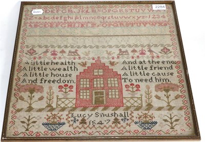 Lot 2284 - A Victorian Alphabet Sampler Worked by Lucy Snushall, Dated 1847, with central verse worked in...