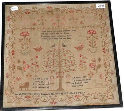 Lot 2288 - An Adam and Eve Sampler, Worked by Sarah Matsey, Aged 8 Years 1835, with central image, surround by