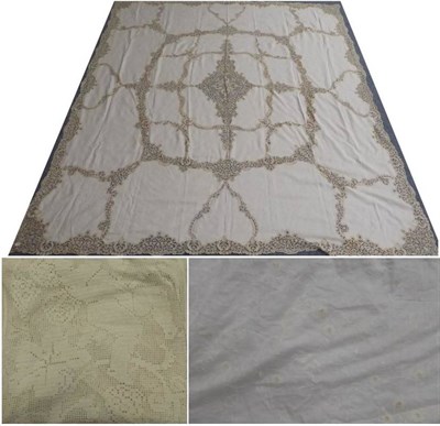 Lot 2008 - 20th Century Large Bed Cover, in fine cream cotton lawn, appliquÅ½d in a meandering design with...