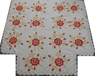 Lot 2010 - 19th Century AppliquÅ½ Cotton Shaped Bedcover, worked at three sides with broderie anglaise,...