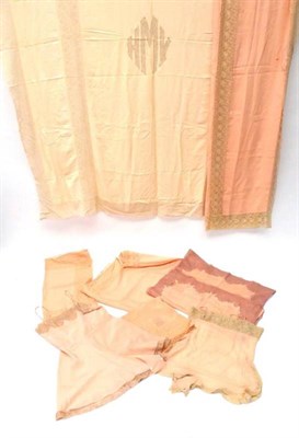 Lot 2015 - Three Peach Bed Covers, Circa 1930's, comprising two matching examples in silk crepe de chine...