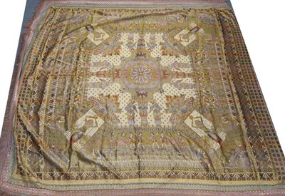 Lot 2021 - 1920's Shiny Thread Bed Cover with Egyptian Scenes and Motifs, a central stylised roundel...