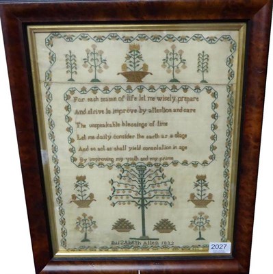Lot 2027 - William IV Sampler by Elizabeth Allen, Dated 1832, with central verse within a foliate border,...