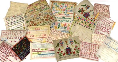 Lot 2030 - Twenty Assorted Unframed Samplers and Embroidered Pictures, mainly worked in wool, some...