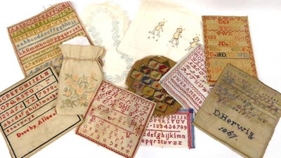 Lot 2031 - Seven Mid-Late 19th Century Unframed Mainly Woolwork Samplers, together with a Round Berlin...