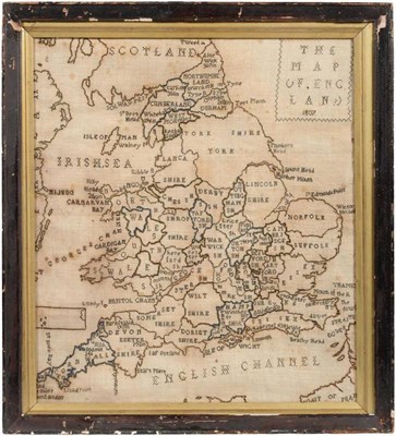 Lot 2035 - George III Needlework Map of Britain, dated 1807, worked on a heavy linen in black threads, showing
