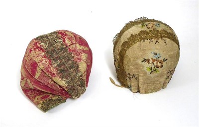 Lot 2045 - Late 18th Century European Cerise Woven Silk Bonnet, adorned with metallic trimming, cotton ties to
