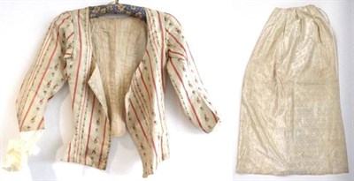 Lot 2048 - Late 18th Century Cream Silk Bodice, woven with alternating raspberry stripes, flowers and...