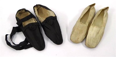 Lot 2055 - Pair of Early 19th Century Cream Silk Flat Slippers, together with a Pair of Mid-19th Century Black