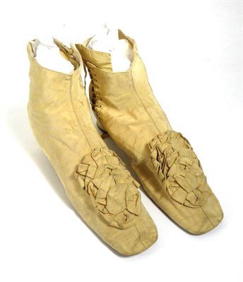 Lot 2057 - Pair of Ladies Cream Grosgrain Heeled Ankle Boots, Circa 1830-1850, with side lacing and fabric...