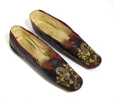 Lot 2058 - Pair of Ladies GlacÅ½ Kid Flat Slippers, Circa 1820's-1830's, finely embroidered with...
