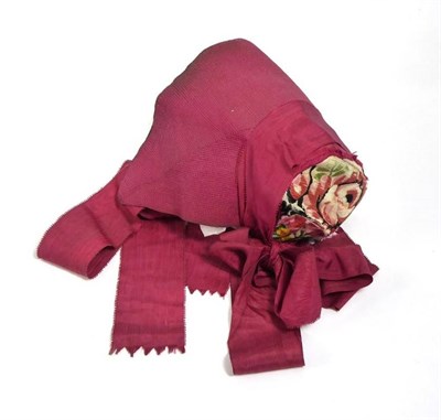 Lot 2060 - Girls Swiss Red Silk Poke Bonnet, Circa 1840's, interior bearing paper hand written label...