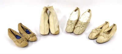 Lot 2061 - Four Pairs of 19th Century Shoes, comprising a pair of 19th century ladies side lacing cream...