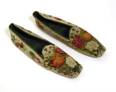 Lot 2064 - Pair of Mid-19th Century Ladies Berlin Woolwork Flat Fronted Slippers, lined and edged in dark...