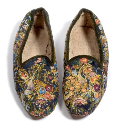 Lot 2065 - Pair of Mid-19th Century Gentleman's Slippers, navy blue wool embroidered with multicoloured...