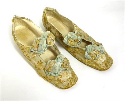 Lot 2066 - Pair of Ladies Woven Silk Low Heeled Flat Fronted Shoes, Circa 1855-1870, brocade silk in...