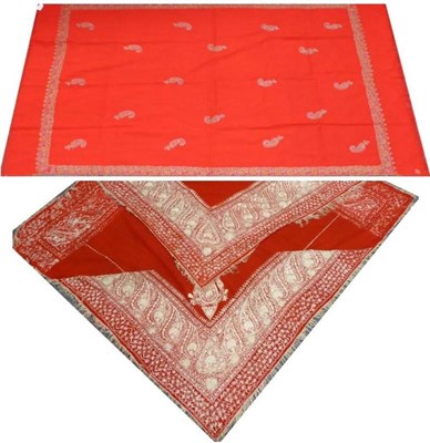 Lot 2071 - Mid-19th Century Red Wool Square Delhi Fold-Over Shawl, embroidered in cream floss silk;...