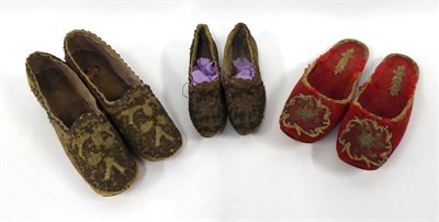 Lot 2079 - Pair of Gentleman's 19th Century Red Mules, with metal thread embroidery on fronts; a Pair of...