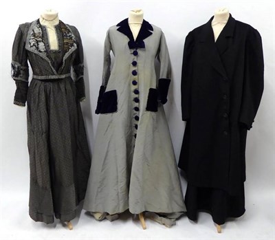 Lot 2084 - 1880's Long Sleeved eau de Nil Grosgrain Trained Dress, trimmed with a dark purple velvet...
