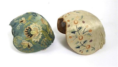 Lot 2085 - Late 18th / Early 19th Century Childs Blue Silk Bonnet, embroidered in pink, cream, yellow and...