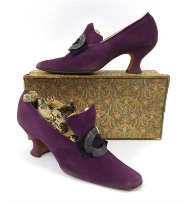Lot 2090 - Dark Lavender Suede Heeled Shoes, Circa 1900, lined in cream kid, white metal buckle decorating the